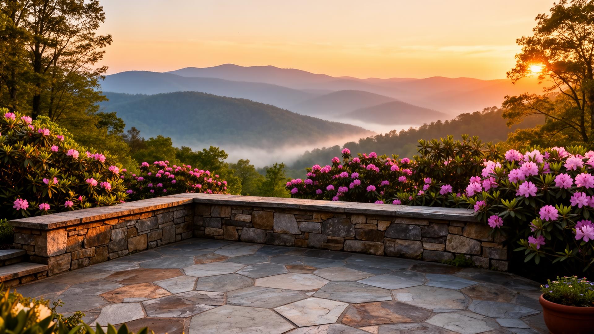 Stone patio overlooking the Blue Ridge Mountains at sunset